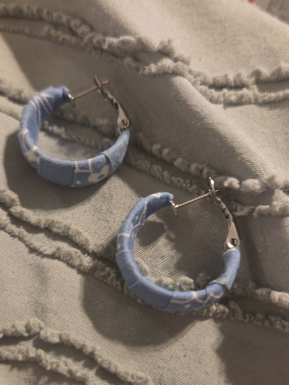 Light Blue Patterned Fabric Hoop Earrings - Women's Accessories